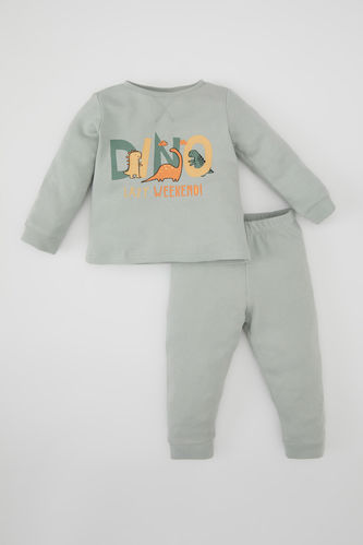 Erkek Bebek Dinazor Baskılı Uzun Kollu Waffle Pijama Takımı