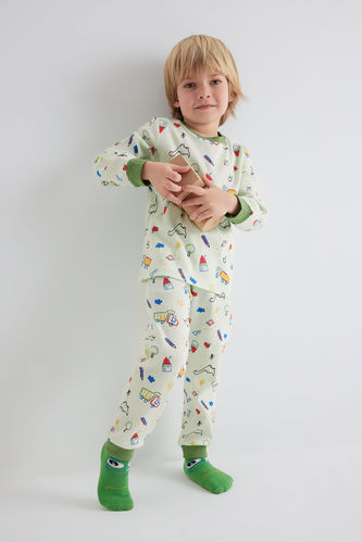 Erkek Bebek Desenli Uzun Kollu Fitilli Kaşkorse Pijama Takımı