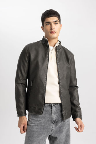 Black Man Slim Fit Faux Leather Faux Leather Jacket 3040863 | DeFacto