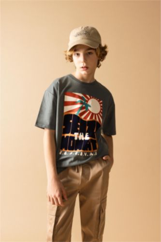 Oversize Geniş Kalıp Bisiklet Yaka Baskılı Kısa Kollu Tişört Erkek Çocuk