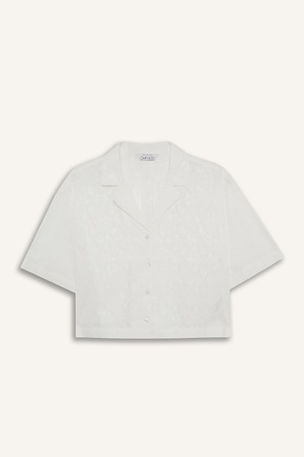 %100 Pamuk Oversıze Pijama Yaka Nakışlı Brode Kısa Kollu Gömlek