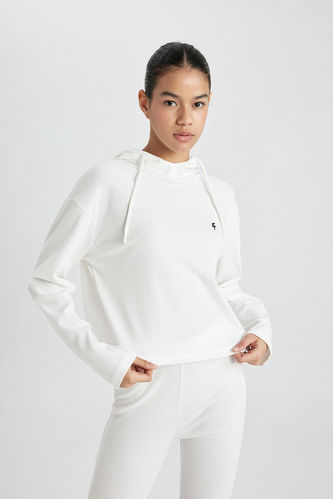 Standard Fit Hooded Embroidered Ribana Long Sleeve T-Shirt