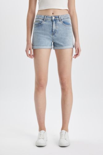 High Waist Fold-Ankle Denim Shorts
