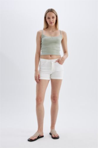 High Waist Fold-Ankle Denim Shorts