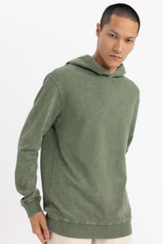 Regular Fit Hooded Washed Effect Basic Sweatshirt