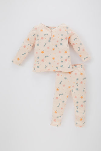 Kız Bebek Çiçekli Uzun Kollu Fitilli Kaşkorse Pijama Takımı