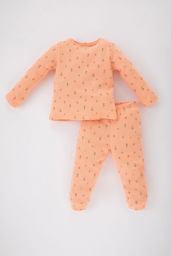 Kız Bebek Çiçekli Uzun Kollu Waffle Pijama Takımı