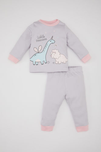 Kız Bebek Dinazor Baskılı Uzun Kollu 2'li Pijama Takımı