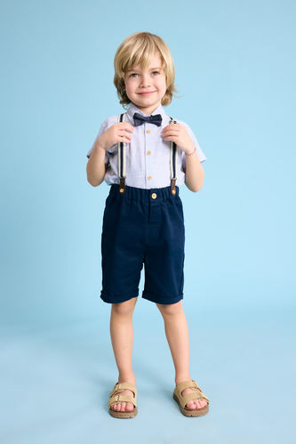 Baby Boy Striped Shirt Shorts Bow Tie Suspender 4 Piece Set