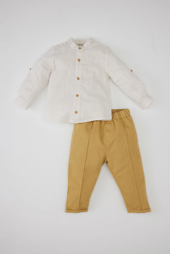 Erkek Bebek Çizgili Flamlı Poplin Uzun Kollu Gömlek Pantolon 2'li Takım