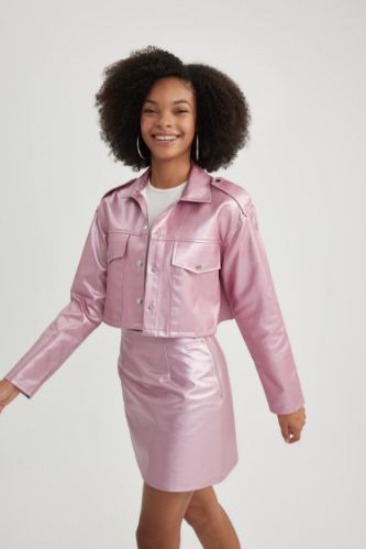 Pink leather jacket and hotsell skirt set