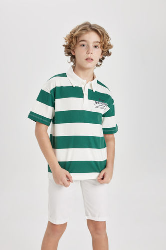 Erkek Çocuk Oversize Fit Çizgili Baskılı Kısa Kollu Polo Tişört