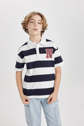 Boy Oversize Fit Striped Printed Short Sleeve Polo T-Shirt