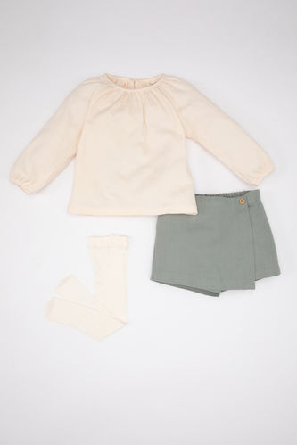 Baby Girl Gabardine Blouse Shorts Skirt Socks 3 Piece Set