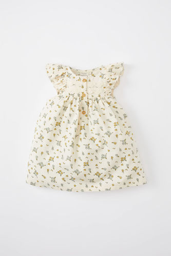 Kız Bebek Çiçekli Kısa Kollu Twill Elbise