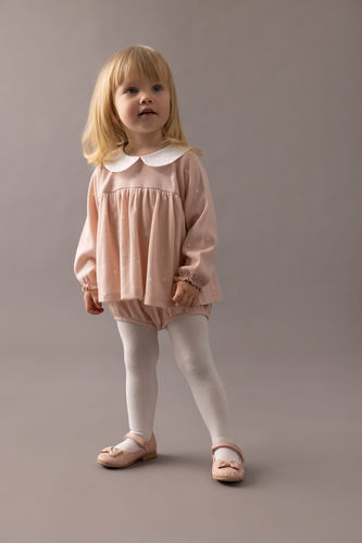 Kız Bebek Yeni Doğan Puantiye Waffle Tulum Elbise Külotlu Çorap 2'li Takım