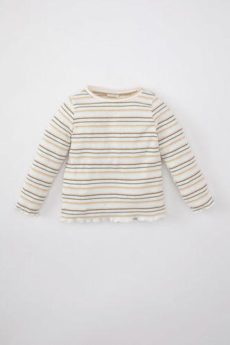 Baby Girl Crew Neck Striped Shiny Fabric T-Shirt