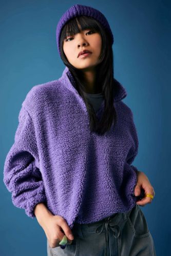 Coool Oversize Fermuarlı Dik Yaka Basic Düz Pelüş Sweatshirt