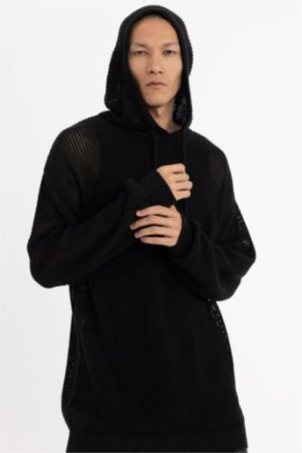 Regular Fit Kapüşonlu Kroşe Delikli Triko Sweatshirt