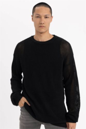 Regular Fit Bisiklet Yaka Kroşe Delikli Triko Sweatshirt