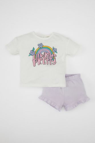 Kız Bebek 2'li Takım Bisiklet Yaka Baskılı Kısa Kollu Tişört Şort