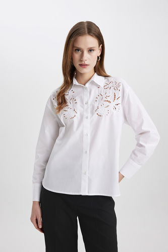 Oversize Fit Perforated Poplin White Shirt