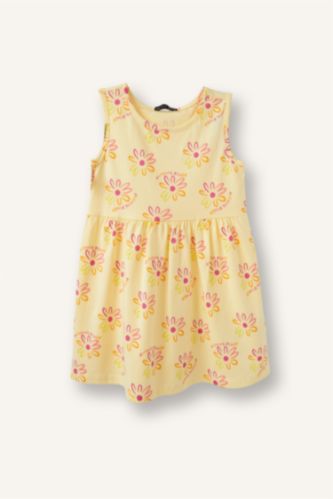 Baby Girls Light Yellow Regular Fit Printed Sleeveless Knitted Dress