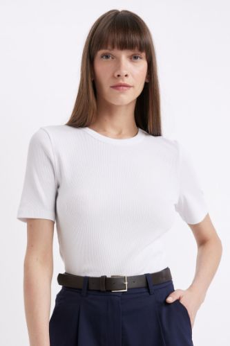 Beyaz Slim Fit Dar Kesim Bisiklet Yaka Fitilli Kaşkorse Basic Düz Kısa Kollu Tişört