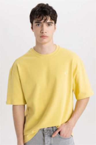 Man Açık Zeytin Yeşili Oversize Crew Neck Printed Short Sleeve T-Shirt