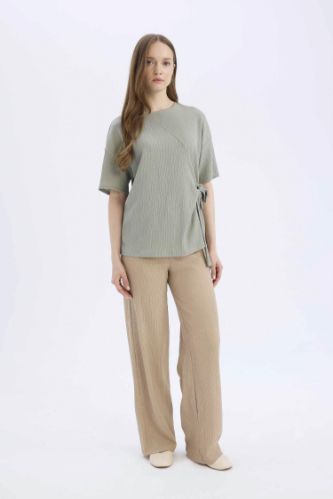 Bürümcük Pantolon Wide Leg Geniş Bol Paça Beli Lastikli