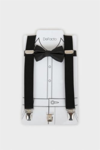 Erkek Çocuk - Genç Erkek Siyah Pamuklu Papyon Pantolon Askısı 2'li Erkek Çocuk