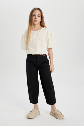 Girl Barrel Fit Wide Leg Cotton Belted Trousers