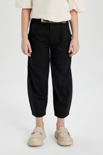 Girl Barrel Fit Wide Leg Cotton Belted Trousers