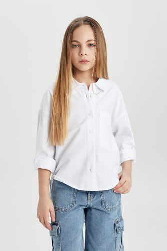 Kız Çocuk Oversize Fit Oxford Uzun Kollu Gömlek