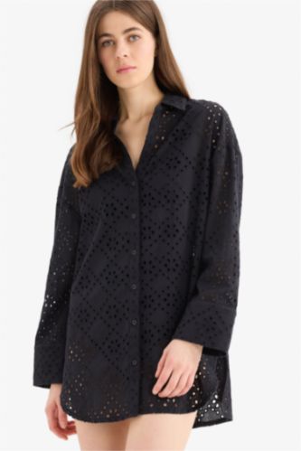 WOMAN Black Fall in Love Regular Fit Cotton Brode Beach Shirt