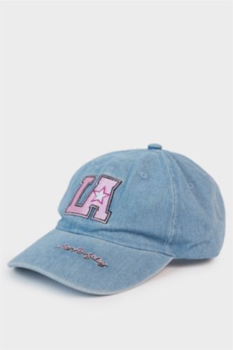 Kız Çocuk - Genç Kız Mavi Nakışlı Jean Cap Şapka Kız Çocuk