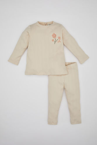 Baby Girl Embroidered Ribbed 2 Piece Pajama Set