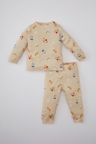 Erkek Bebek Yiyecek Baskılı Uzun Kollu Waffle Pijama Takımı