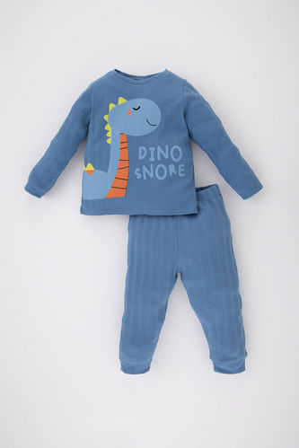 Erkek Bebek Dinazor Baskılı Uzun Kollu Fitilli Kaşkorse Pijama Takımı