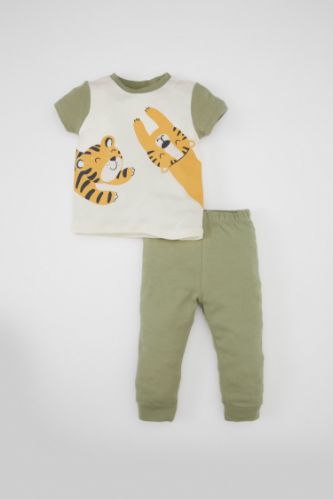 Erkek Bebek Pijama Takımı Kaplan Baskılı Penye Kısa Kollu Üst Beli Lastikli Uzun Alt