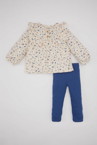 Baby Girl Floral Twill Long Sleeve Shirt and Leggings 2 Piece Set