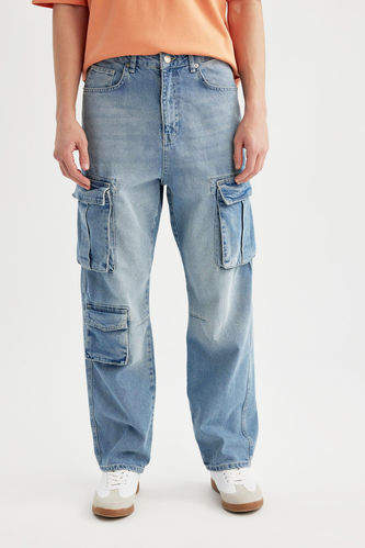 Baggy Geniş Kalıp Normal Bel Geniş Paça Kargo Cepli Jean Pantolon