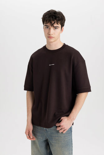 T-Shirt Coton Épais Coupe Relax Imprimé Col Rond à Manches Courtes