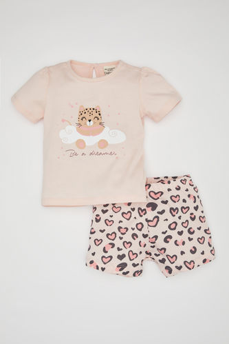 Kız Bebek Leopar Desenli Penye Kısa Kollu Şort Pijama Takımı