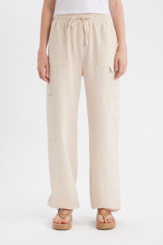 Coool Wide Leg Geniş Paça Keten Karışımlı Pantolon Kargo Cepli Yüksek Bel
