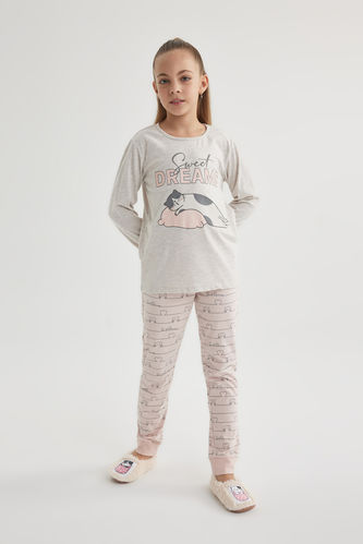 Kız Çocuk Baskılı Penye Baskılı Uzun Kollu Pijama Takımı
