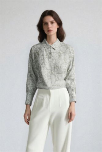 Oversize Fit Shirt Collar Printed Long Sleeve Tunic