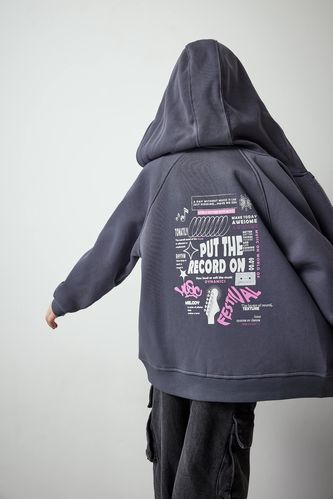 Kız Çocuk Kapüşonlu Sırt Baskılı İçi Yumuşak Tüylü Fermuarlı Sweatshirt