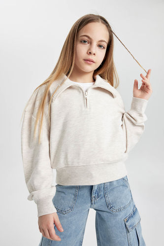 Kız Çocuk Yakalı Kol Baskılı Sweatshirt