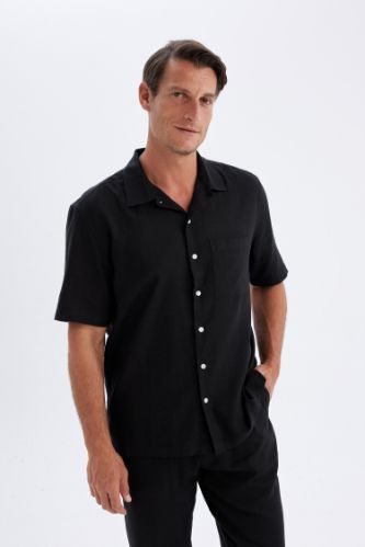Relax Fit Yazlık Polo Yaka Keten Karışımlı Kısa Kollu Siyah Gömlek